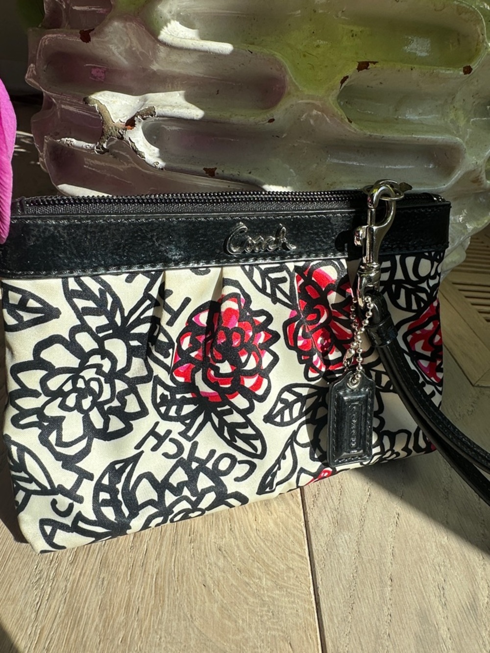 Coach Black, White & Red Floral Wristlet Pouch - Picture 2 of 5